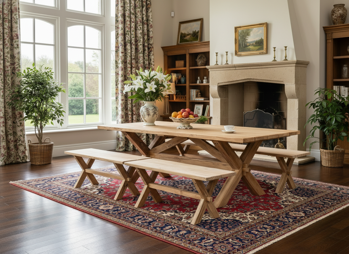 3 metre plank teak rectangular table with 4 plank benches on a rug in an elegant room with fireplace. Flowers and fruit on the table.