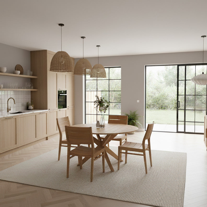 Modern kitchen and dining area with wooden furniture and large windows.