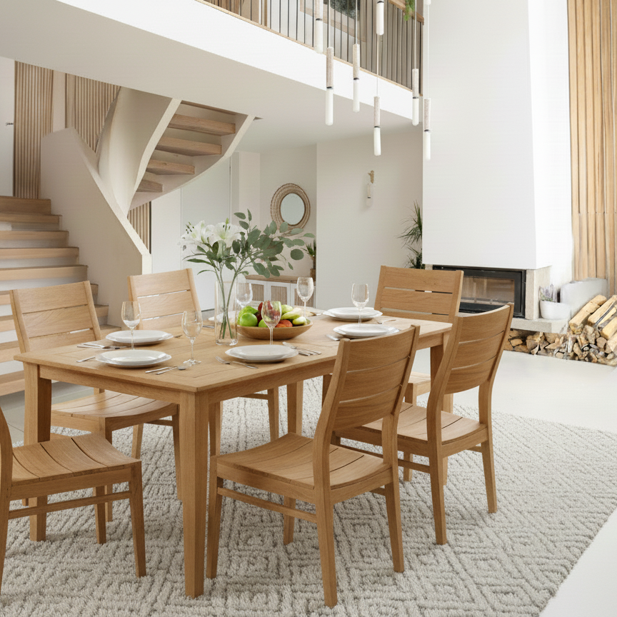 Dining area with wooden table and chairs in a modern home setting.