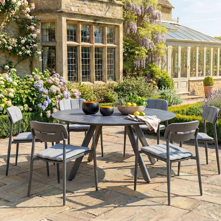 A 7-piece outdoor dining set consisting of a round dark grey table and six matching chairs with gray slatted backs and light blue cushions, arranged on a stone patio in front of a stone house with a glass conservatory.