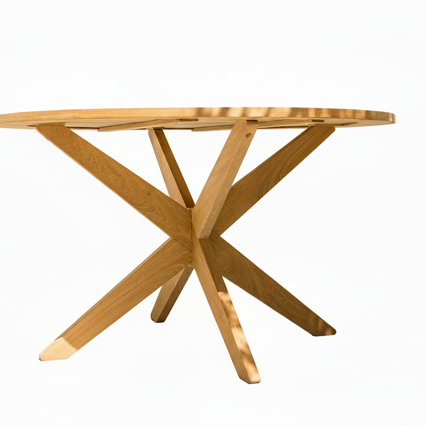 circular wooden table with star-shaped legs