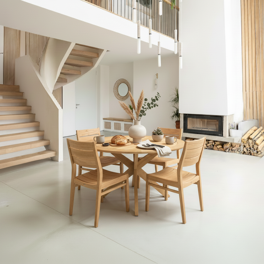Dining area with wooden table and chairs in a modern home interior.