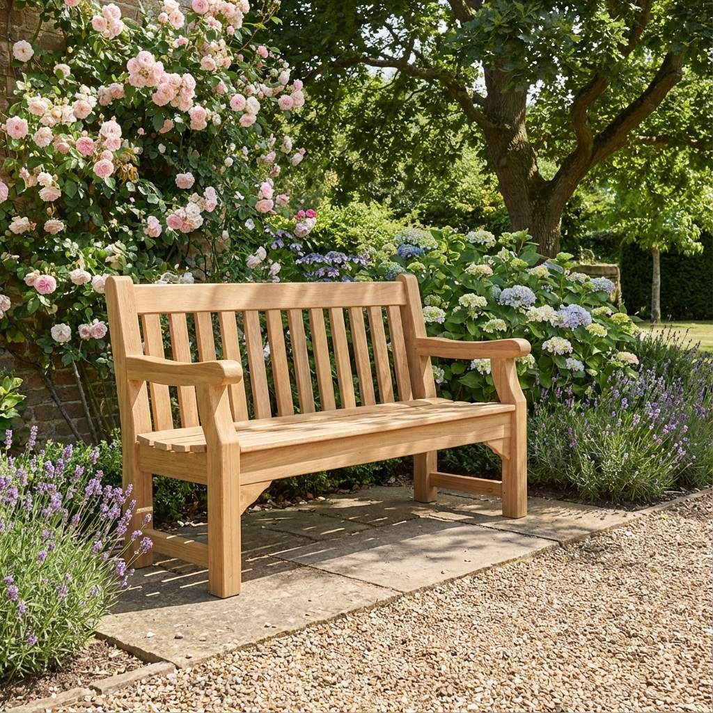 Alexander Rose Roble Wooden bench in a garden setting with flowers and trees