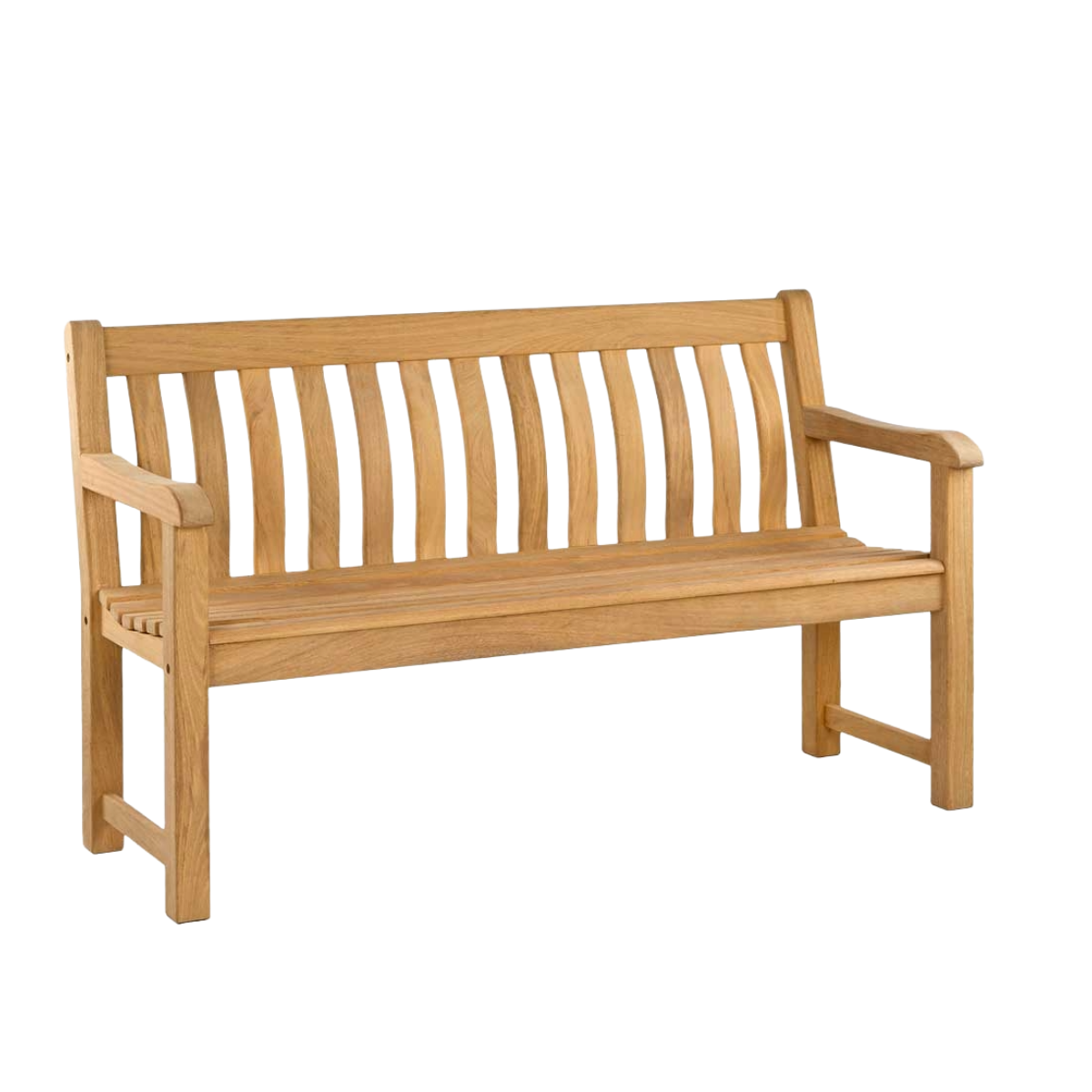 A hardwood garden bench in Roble by Alexander Rose with a curved back