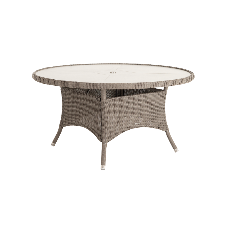 Round grey wicker table with glass top