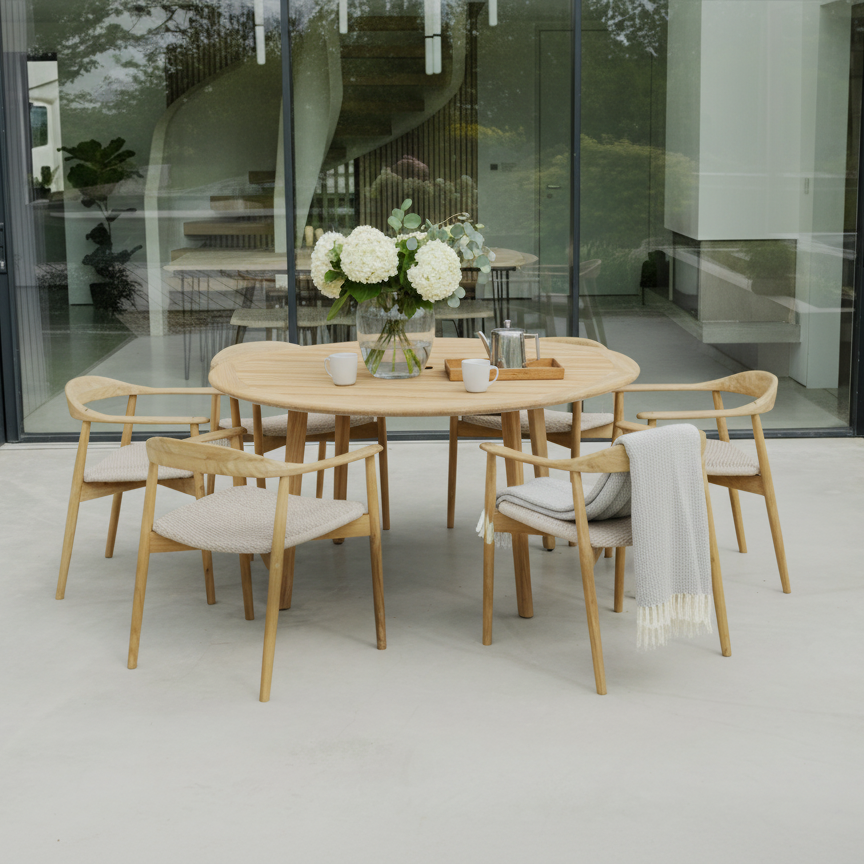 Dana round table with dana armchair set with decorative objects.