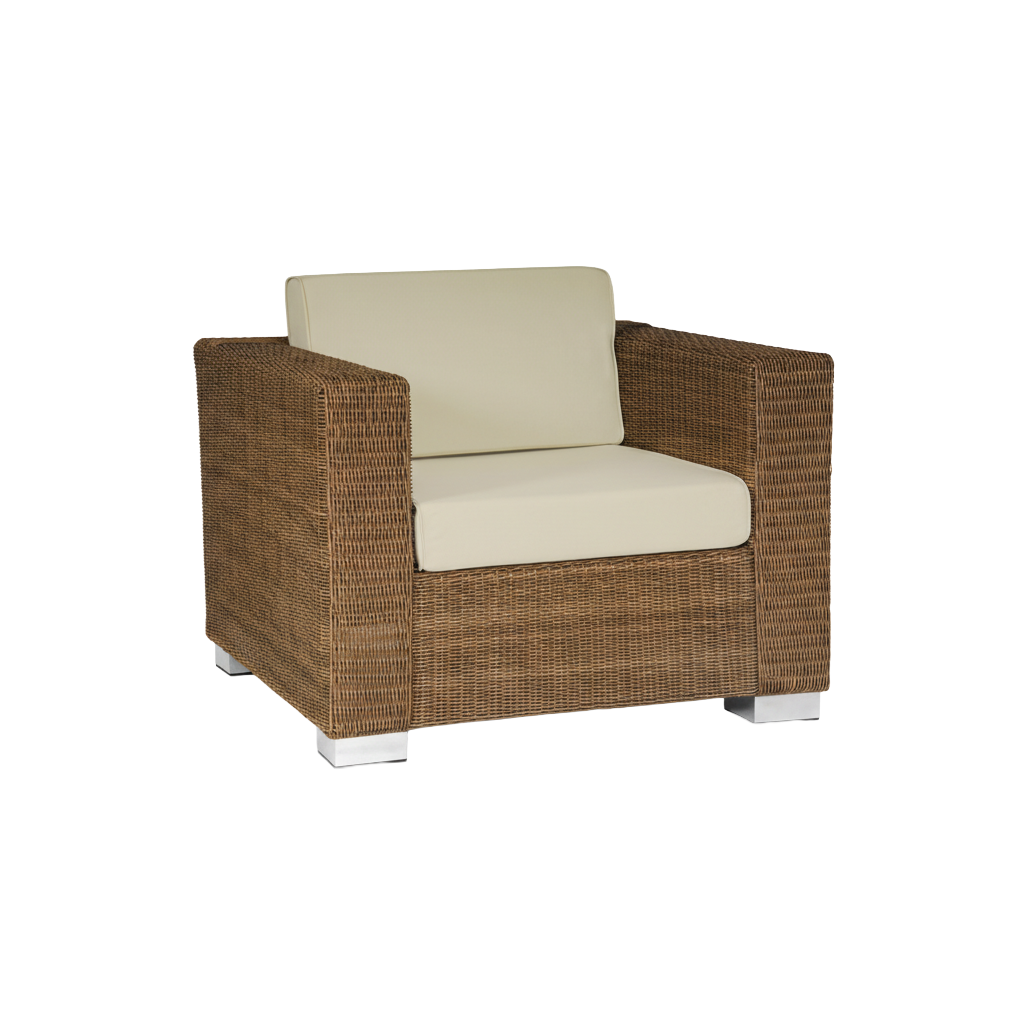 Wicker armchair with beige cushion on a transparent background