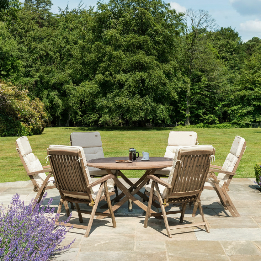 Outdoor patio set with wooden table and chairs on a stone patio with greenery in the background