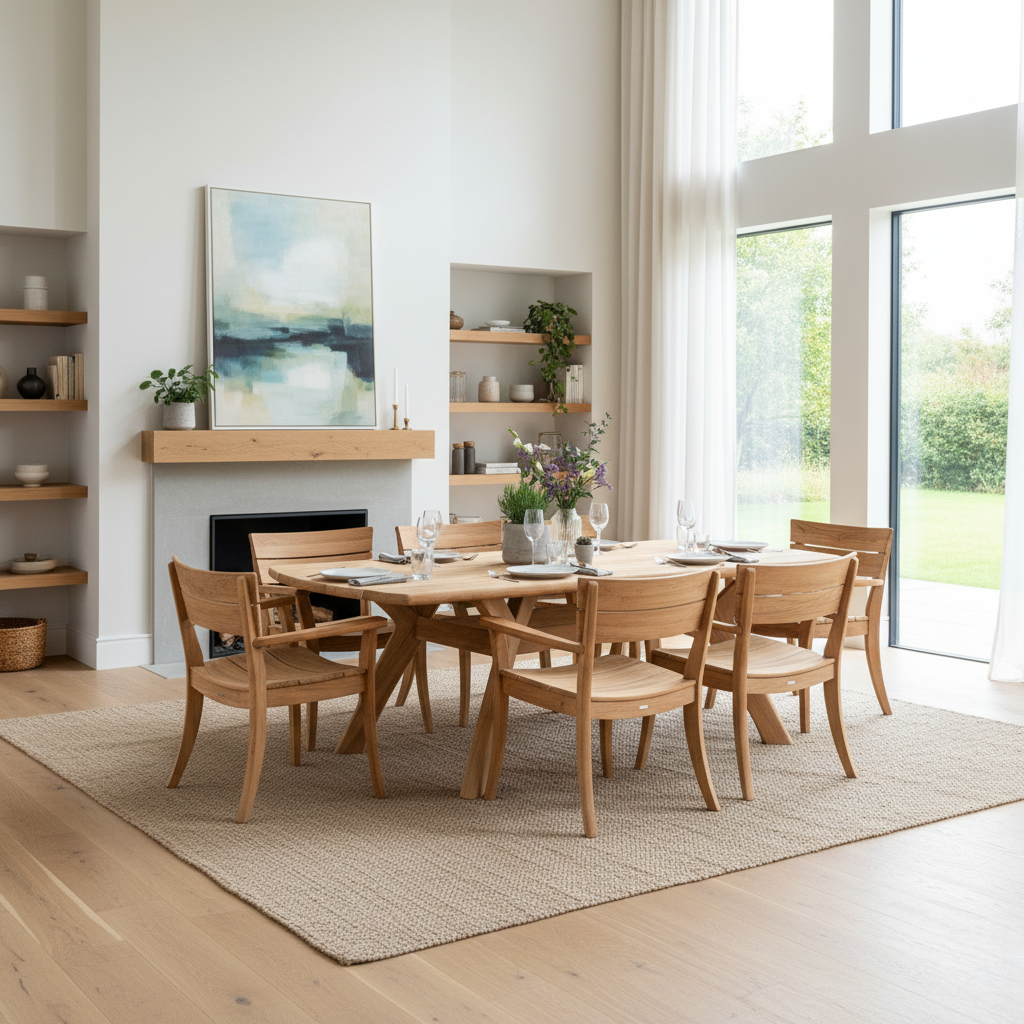 Dining room with wooden table and chairs, fireplace, and large windows.