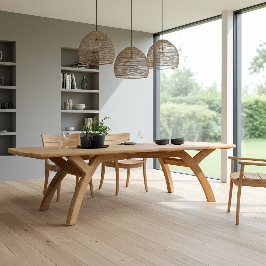 Modern dining room with stylish solid teak dining table and chairs looking through to lawn through sliding glass doors