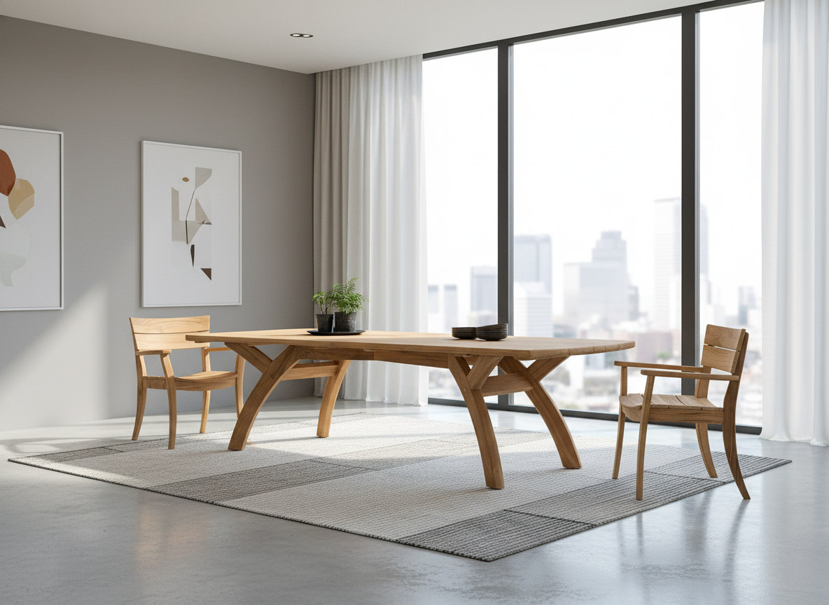 Modern dining room with wooden table and chairs in a bright room with large windows.