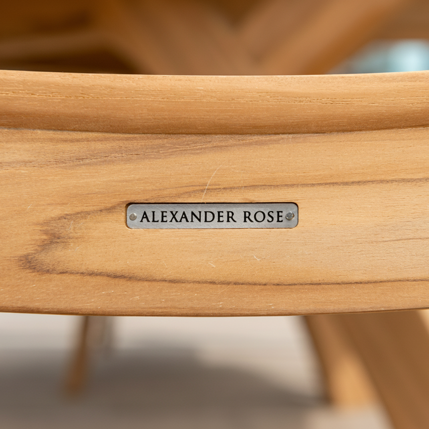 Alexander Rose metal logo on wooden furniture