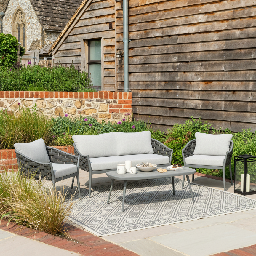 Outdoor patio set with sofa, chairs, and coffee table on a patio area with a wooden wall and garden in the background.