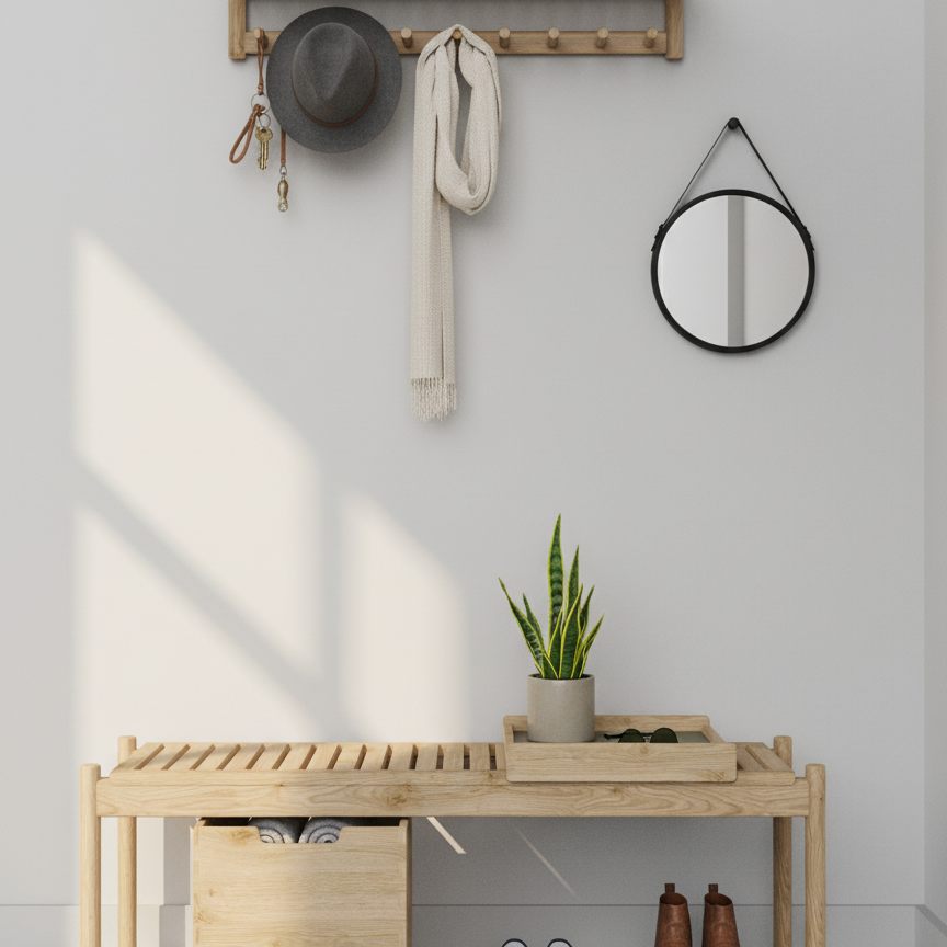 Trak indoor furniture showing coatrack, indoor hallway bench, storage and tray