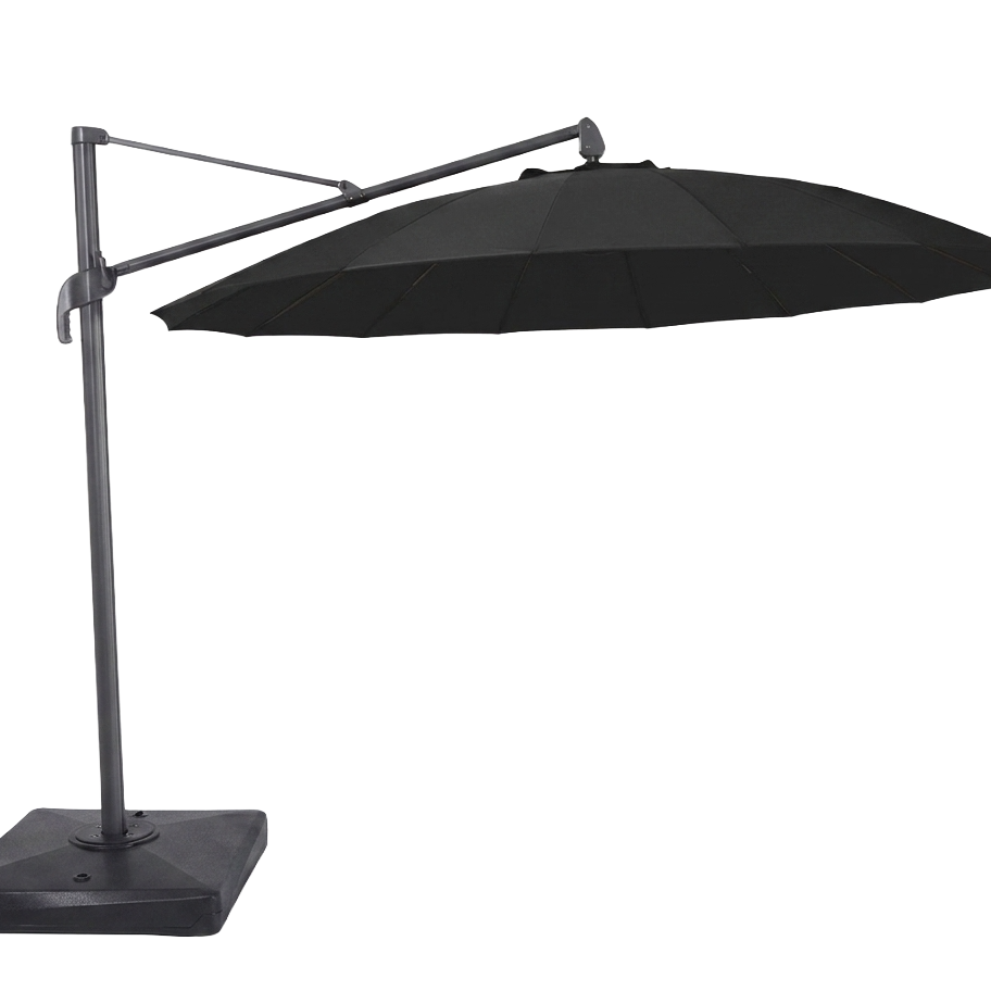Black cantilever patio umbrella with a square base and adjustable arm, shown on a plain white background.