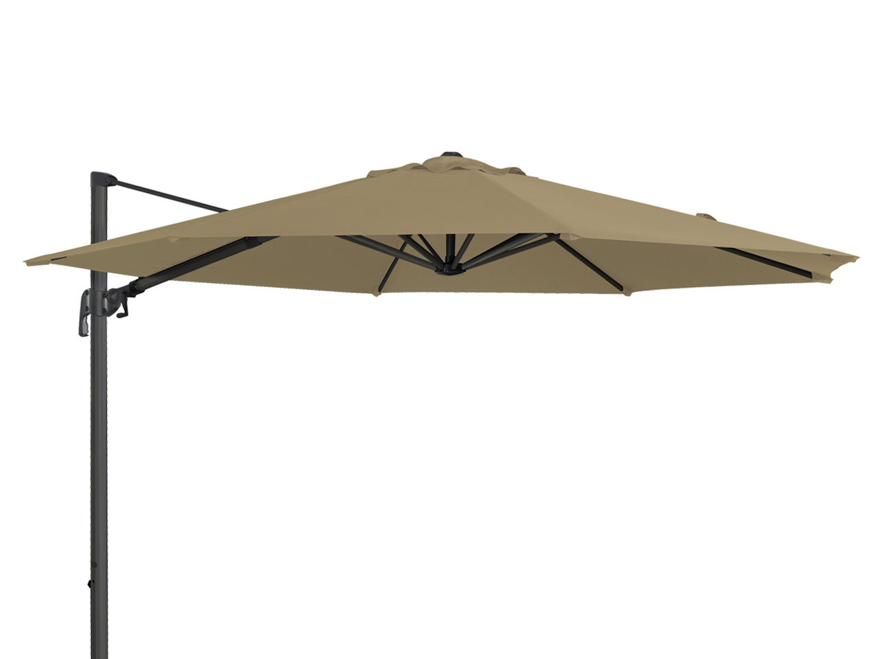 Beige patio umbrella with a black pole on a white background
