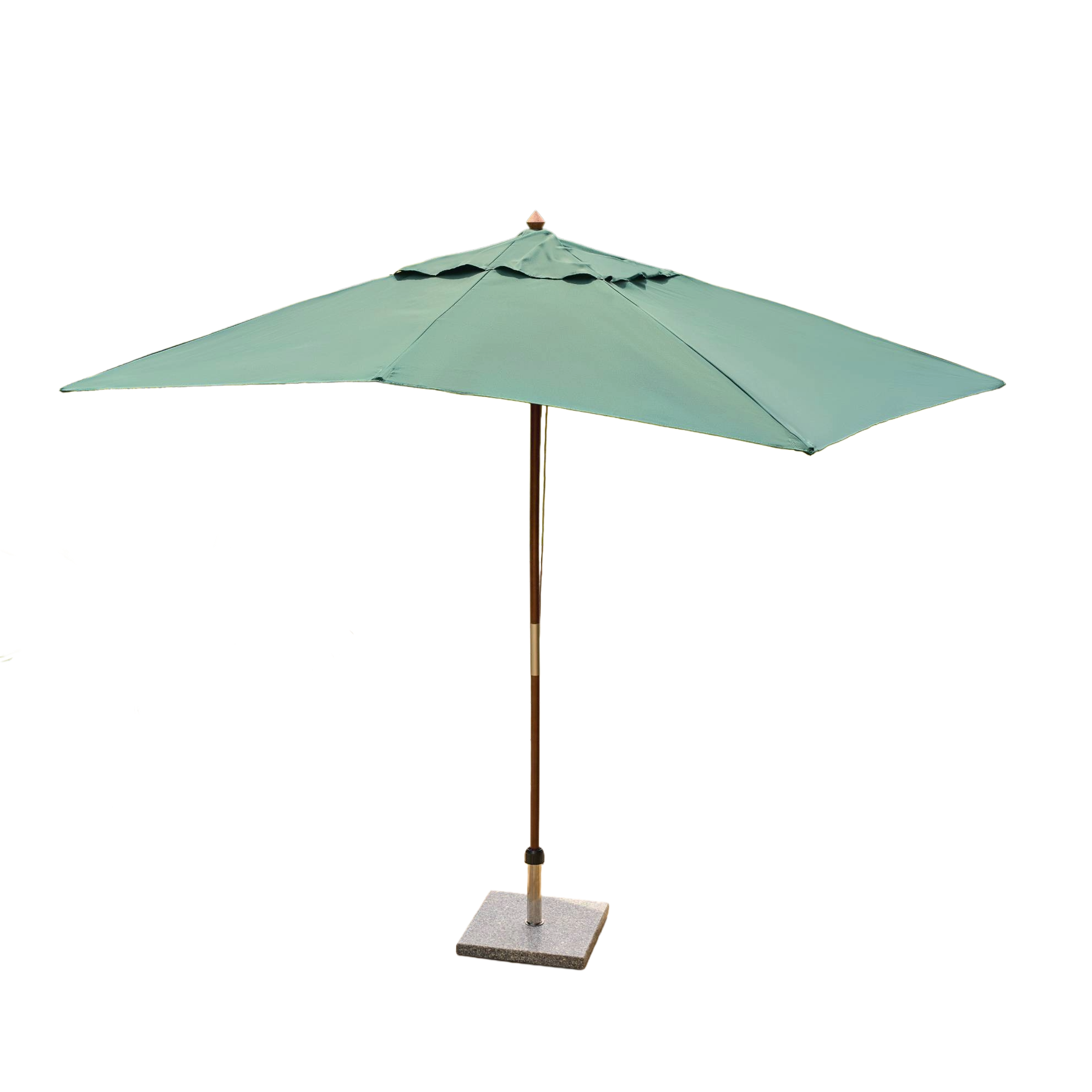 A square patio umbrella in a muted sage green color, featuring a dark brown metal pole, a square gray weighted base, and a top finial, isolated on a white background.
