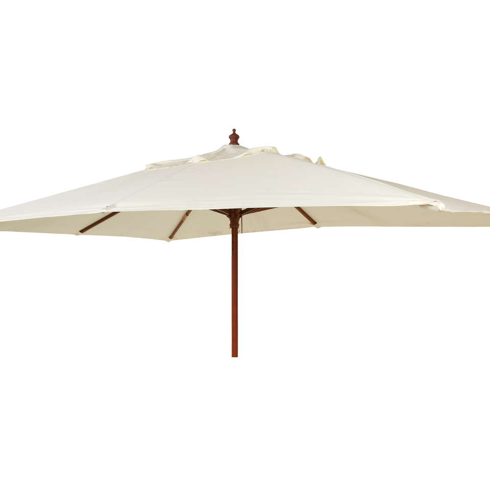 Beige patio umbrella with wooden handle