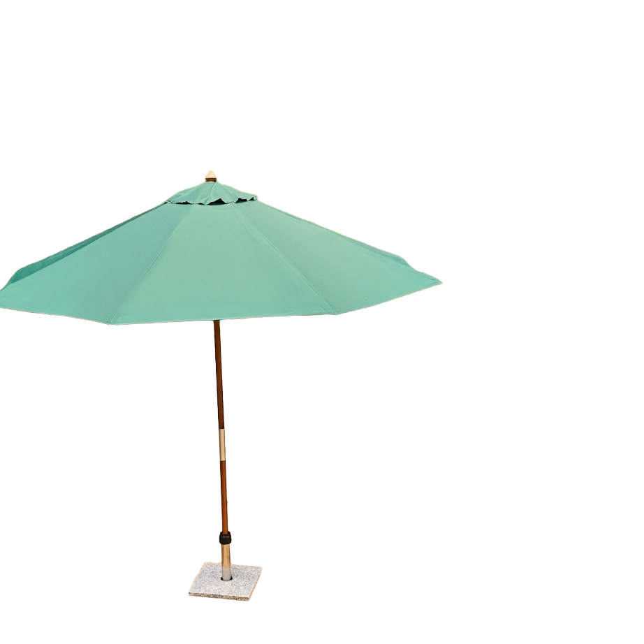 A mint green patio umbrella with a brown pole and a square metal base, isolated on a white background.