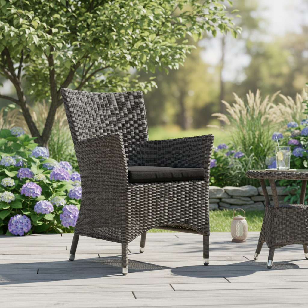 Grey rattan chair on a wooden deck with garden and flowers in the background