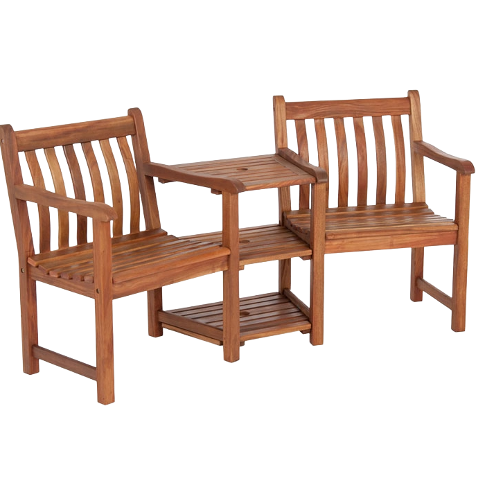 Wooden outdoor furniture set with two chairs and a small table on a white background