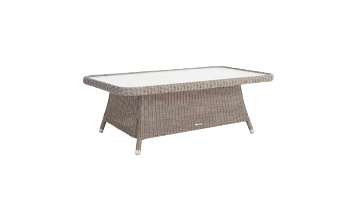 Rectangular outdoor table with wicker frame and glass top on a white background