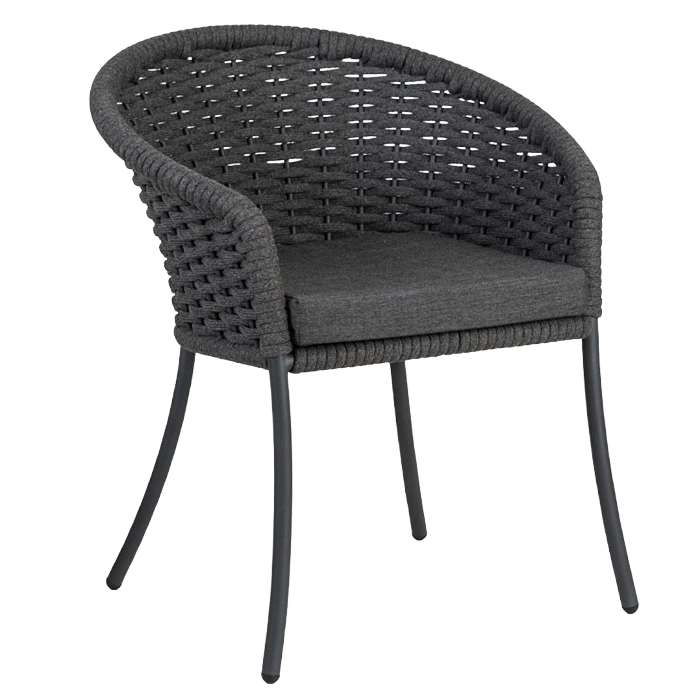 Dark gray wicker chair with a cushion on a white background