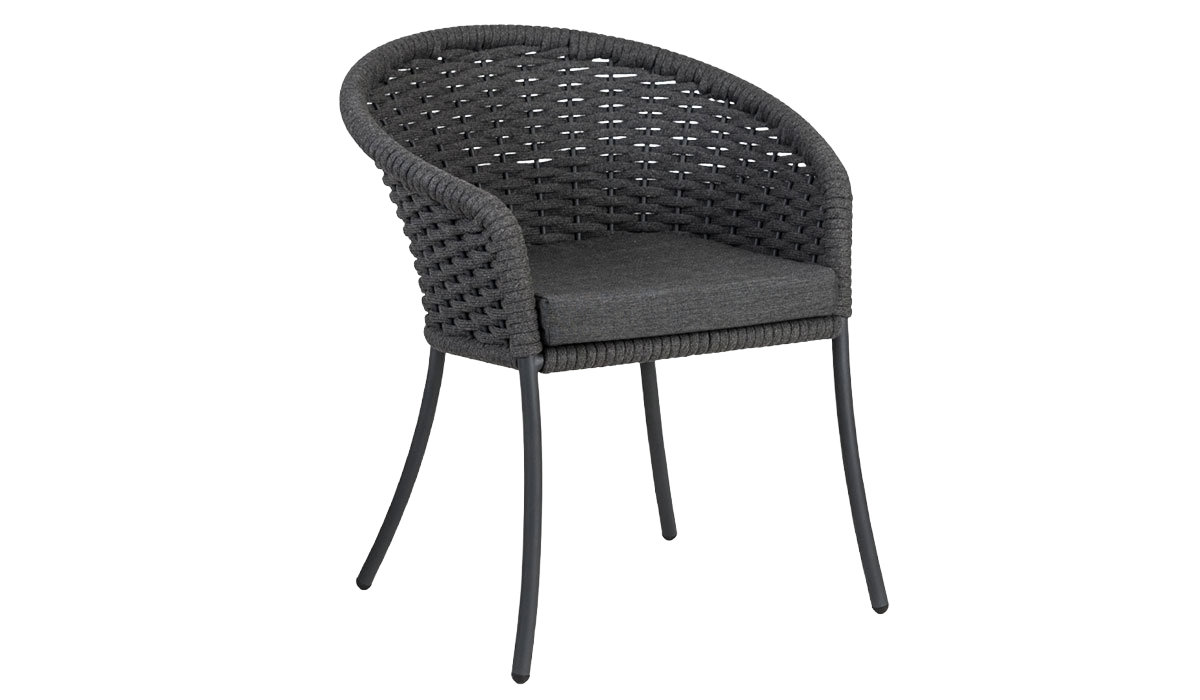 Dark gray wicker chair with a cushion on a white background