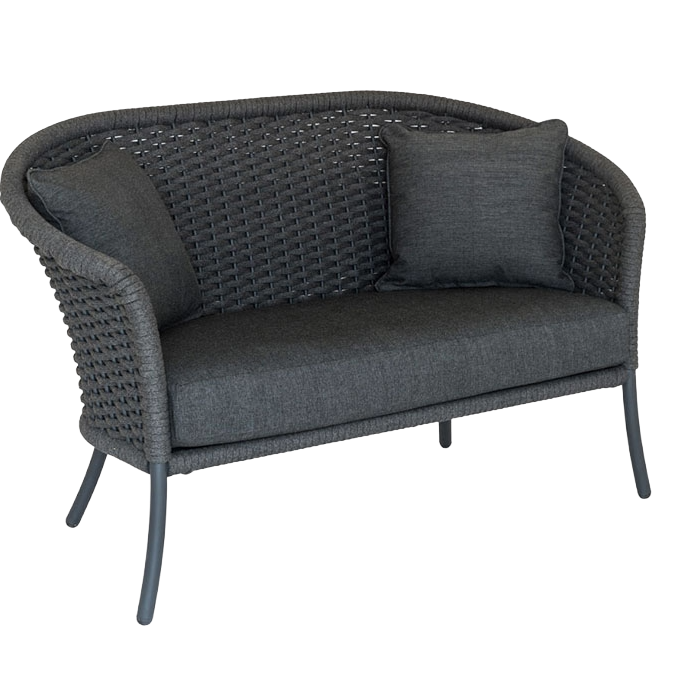 Gray wicker loveseat with cushions on a white background