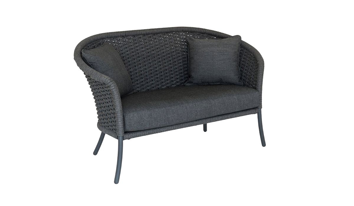 Gray wicker loveseat with cushions on a white background