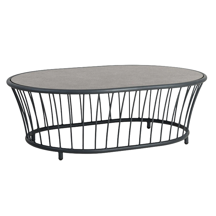 Round metal coffee table with a marble top on a white background