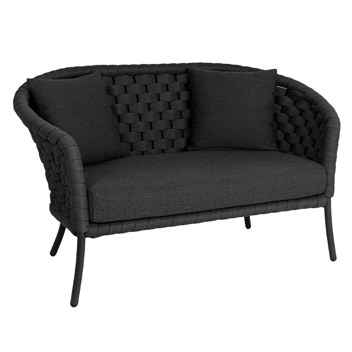 Black tufted loveseat on a white background