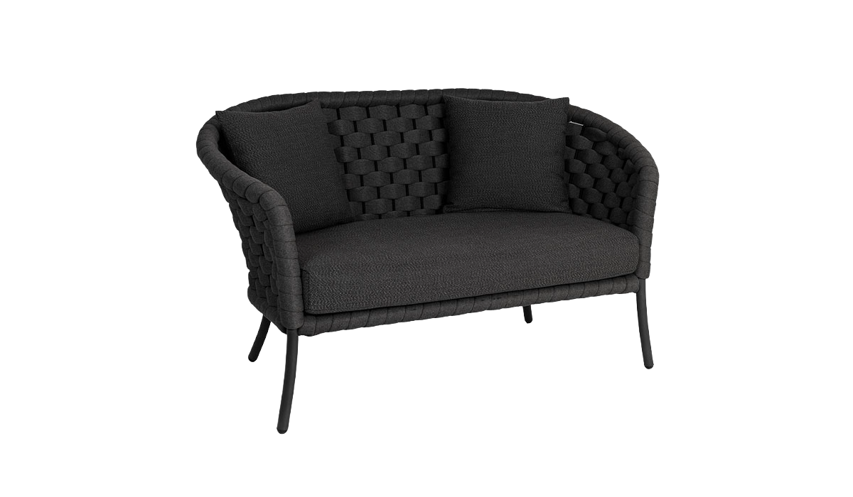 Black tufted loveseat on a white background