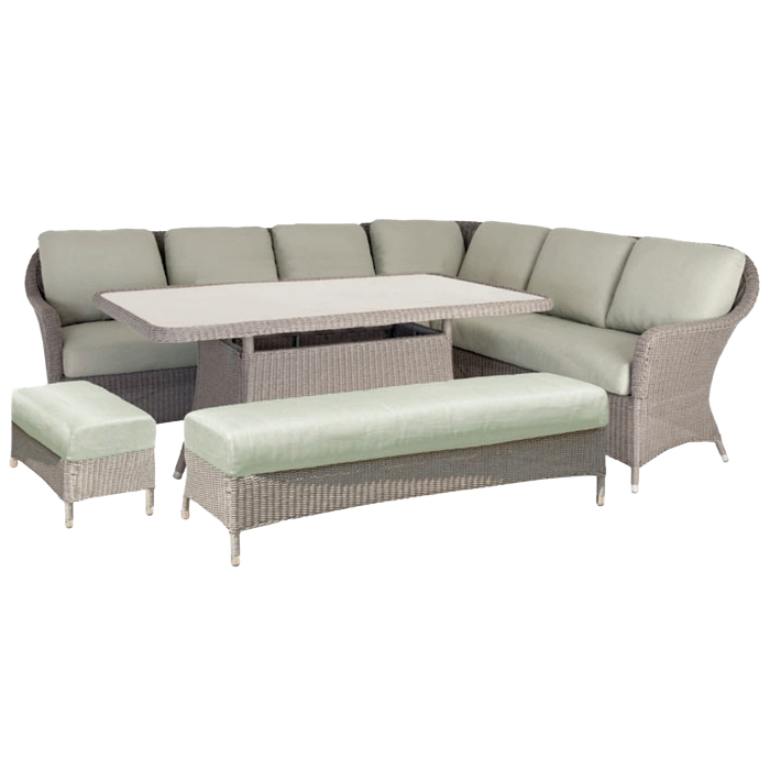 Outdoor furniture set with a sectional sofa and table on a white background