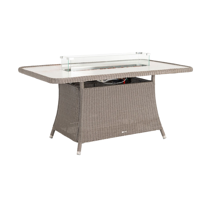 Outdoor fire pit table with glass top on a white background