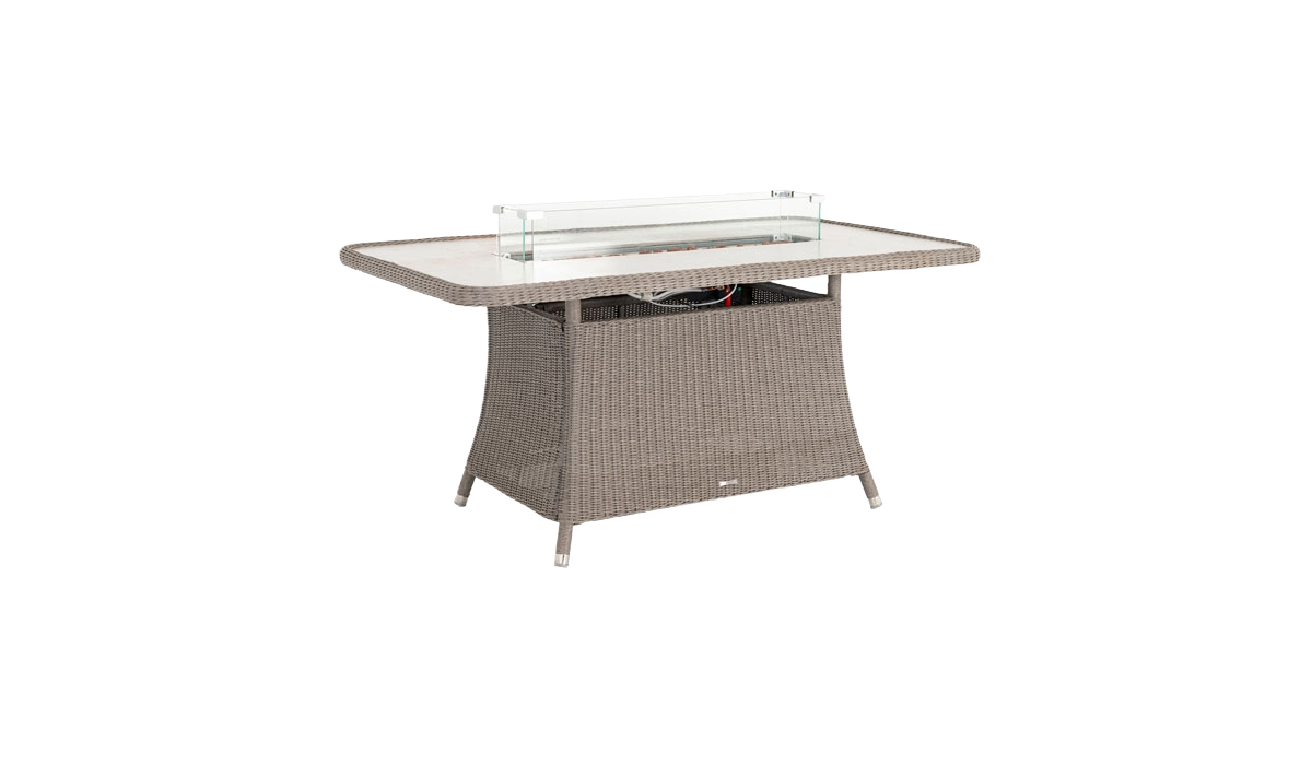 Outdoor fire pit table with glass top on a white background