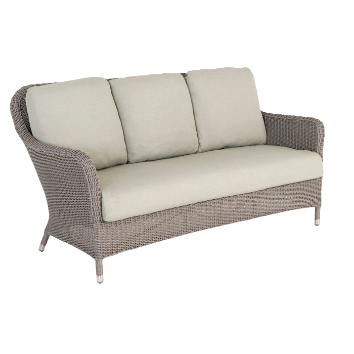 Wicker outdoor sofa with beige cushions on a white background