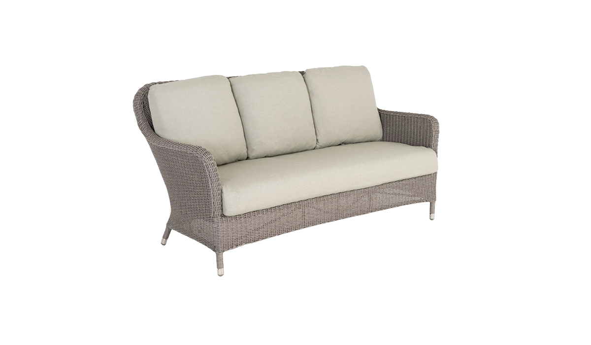 Wicker outdoor sofa with beige cushions on a white background