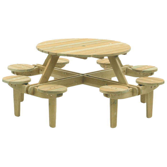 Wooden picnic table with eight stools on a white background