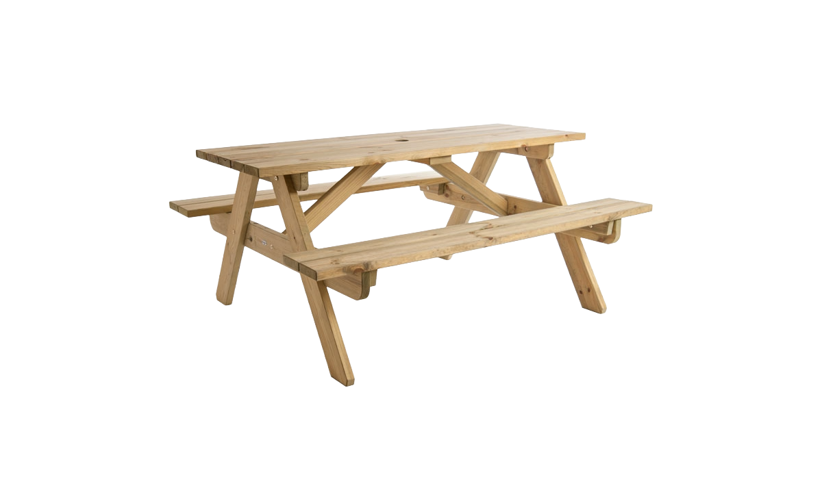 Wooden picnic table on a white background