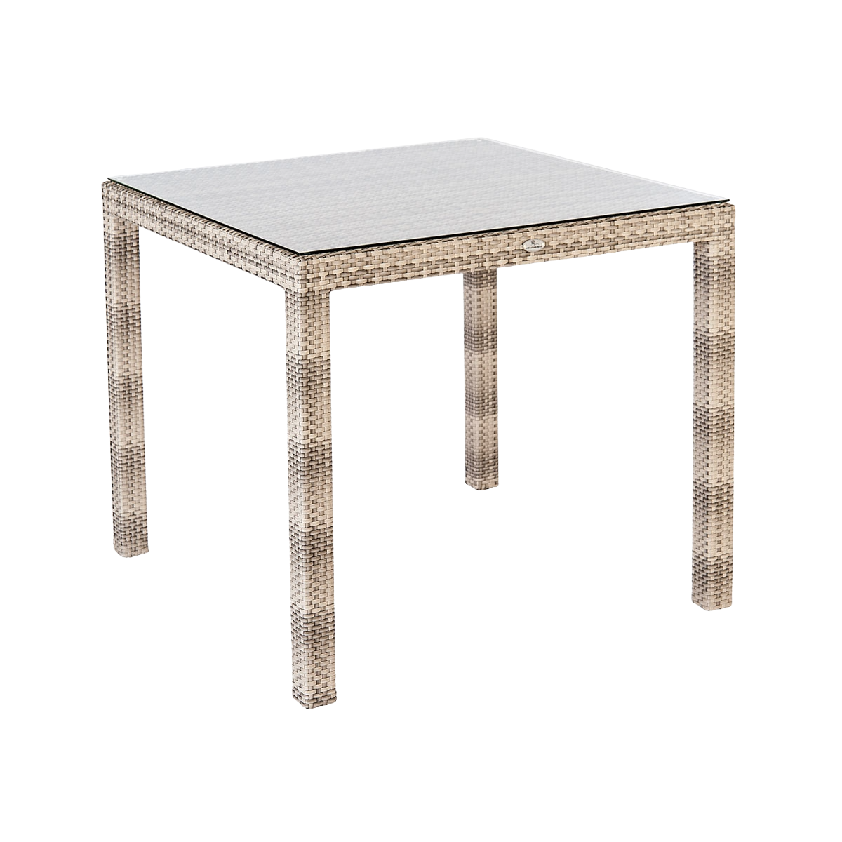 Square outdoor table with woven frame and glass top on a white background