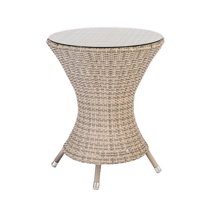Wicker side table with a glass top on a white background