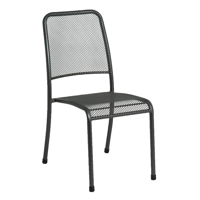 Black metal chair with mesh back on a white background