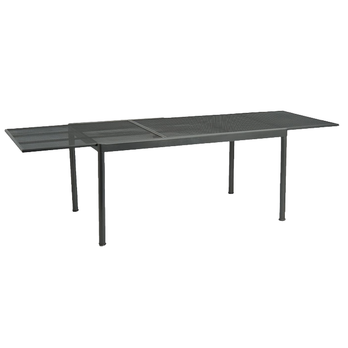 Black metal extending dining table on a white background