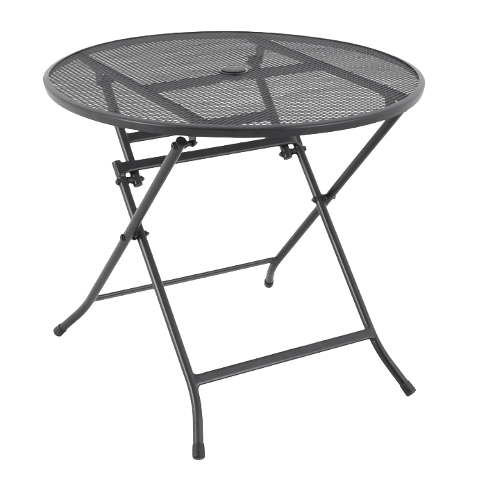 Black metal folding table on a white background