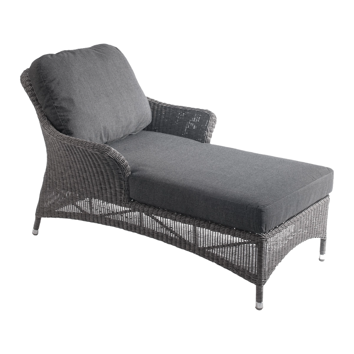 Gray wicker outdoor lounge chair with cushions on a white background