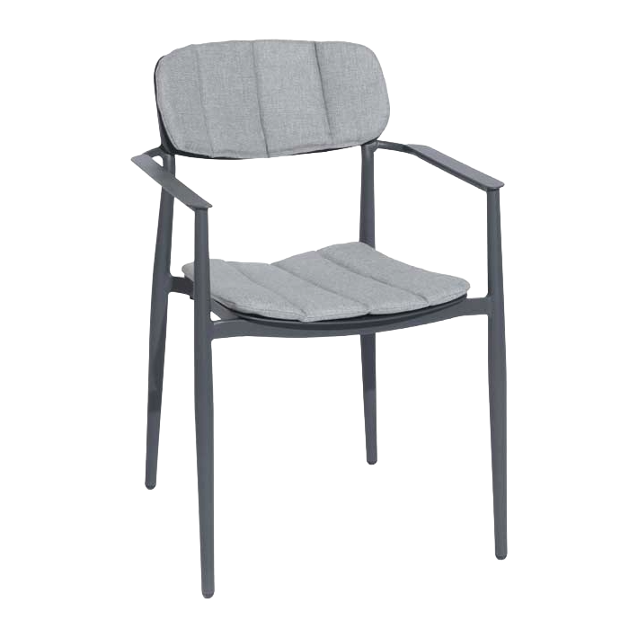 Gray chair with a cushioned seat and backrest on a white background