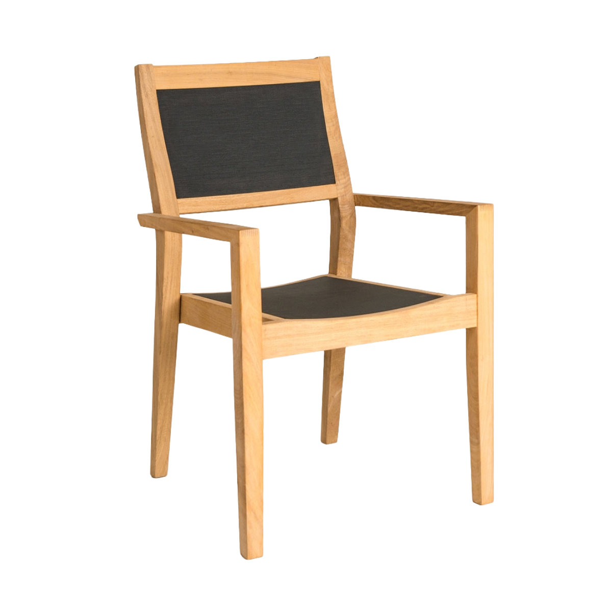 Wooden chair with black seat and backrest on a white background
