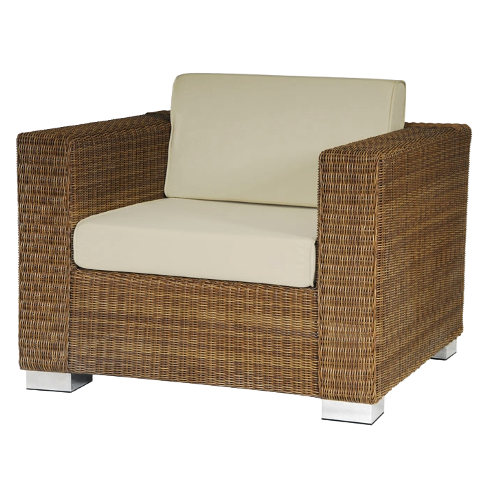Wicker armchair with beige cushion on a white background