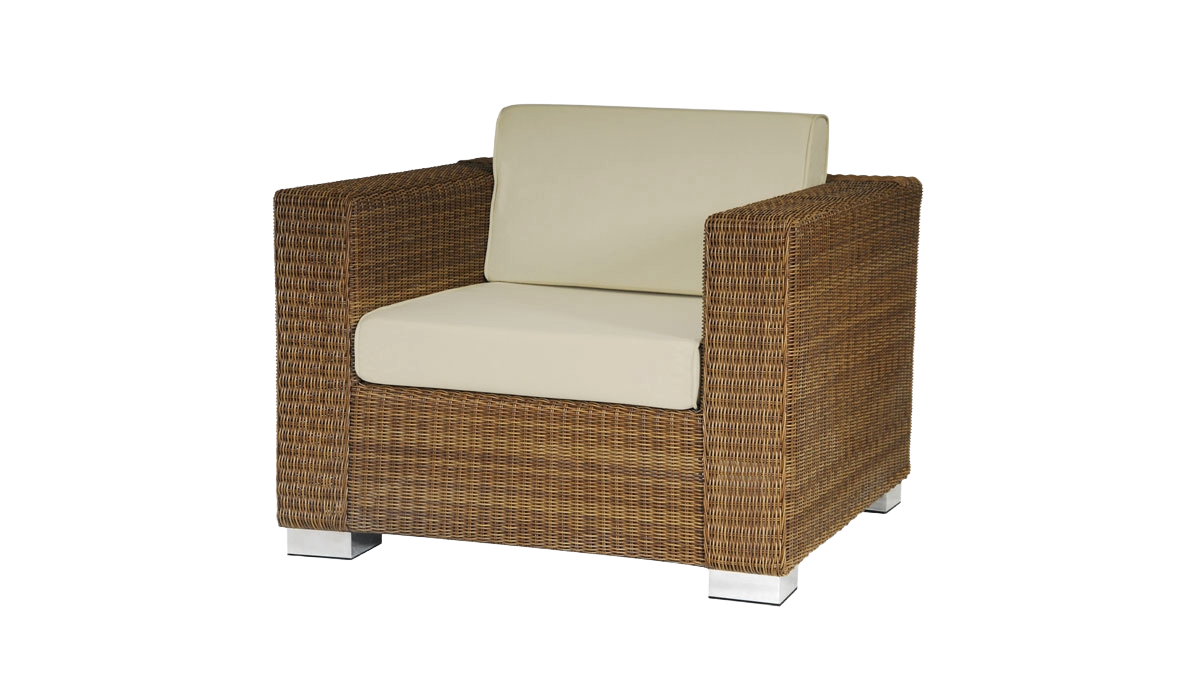 Wicker armchair with beige cushion on a white background